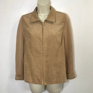 Studio Works Faux Suede Leather Jacker 8P Petite Sweater Shirt Beige Coat